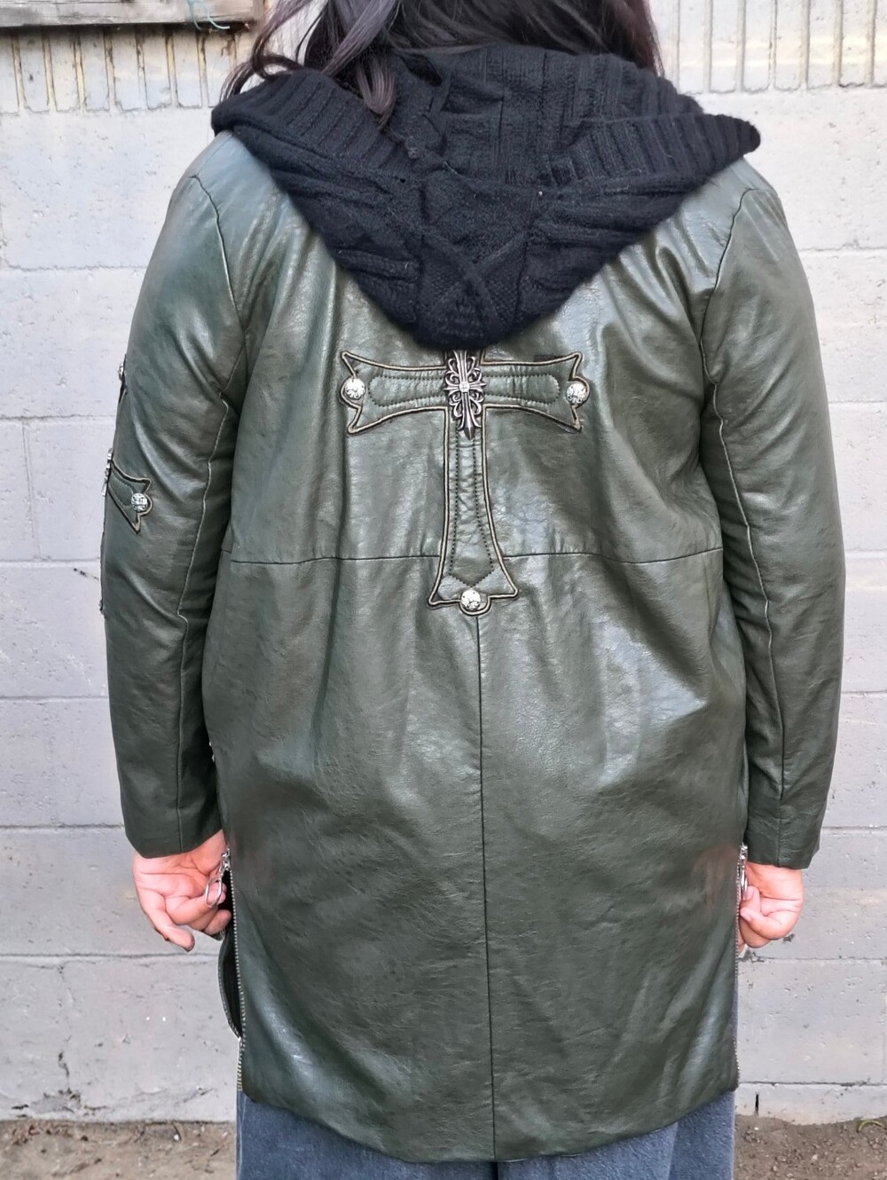 Vtg Yifan Collection Dark Green Faux Leather Knit Hood Long Jacket Cross Designs